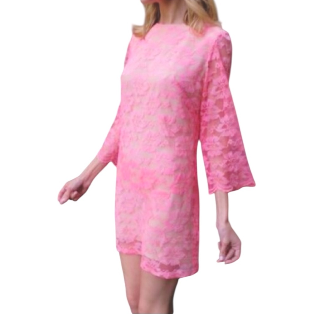 VTG 60s Neon Hot Pink Floral Lace Shift Mini Dress • Nude Slip • 3/4 Sleeve • S - Picture 14 of 16